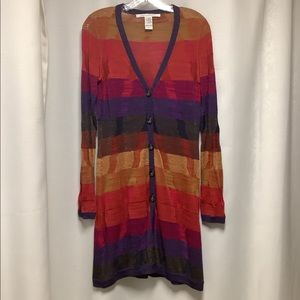 DvF cardigan w/fabric belt.  Tunic length, sz S, multicolor, metallic threads